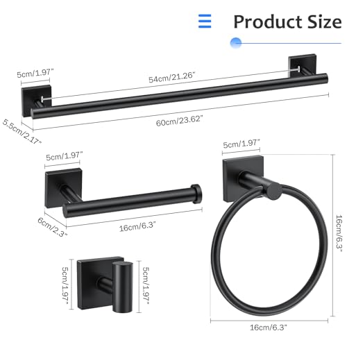 5 Pieces Bathroom Hardware Accessories Set Matte Black Towel Bar Set Stainless Steel Wall-Mounted Towel Holder 23.6 Inch Towel Racks for Bathroom