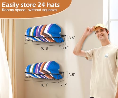 Metal Hat Racks for Baseball Caps Wall Hat Organizer Fit 48 Caps Holder, 2 Packs Sturdy Wall Mounted Hat Storage Organizer, Black, Patent: US D1,041,201 S