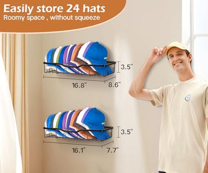 Metal Hat Racks for Baseball Caps Wall Hat Organizer Fit 48 Caps Holder, 2 Packs Sturdy Wall Mounted Hat Storage Organizer, Black, Patent: US D1,041,201 S