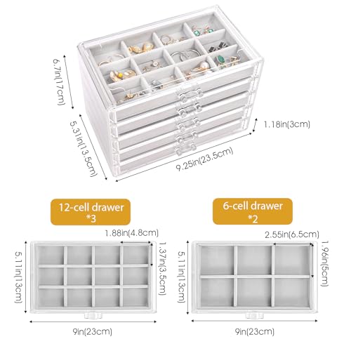 ProCase Earring Holder Organizer Jewelry Box with 5 Drawers, Grey | Acrylic Clear Jewelry Organizers, Stud Earring Storage Box with Adjustable Velvet Trays, Women Girls Christmas Birthday Gifts