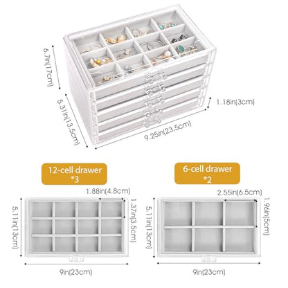 ProCase Earring Holder Organizer Jewelry Box with 5 Drawers, Grey | Acrylic Clear Jewelry Organizers, Stud Earring Storage Box with Adjustable Velvet Trays, Women Girls Christmas Birthday Gifts
