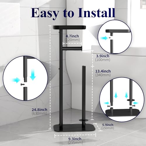 Kitsure Metal Toilet Paper Holder Free Standing, Medium, Black | Rustproof Toilet Paper Stand for 4 Rolls, Bathroom Organizers and Storage with Anti-Slip Base and Plastic Shelf