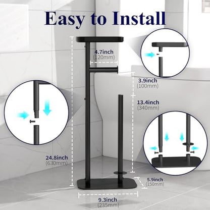 Kitsure Metal Toilet Paper Holder Free Standing, Medium, Black | Rustproof Toilet Paper Stand for 4 Rolls, Bathroom Organizers and Storage with Anti-Slip Base and Plastic Shelf