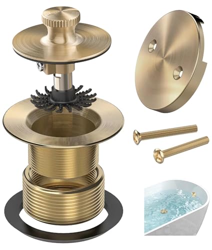 Champagne Brushed Gold Bronze Bathtub Drain, Hair Catcher and 2-Hole Overflow Faceplate, 11.5/16 UNC, Lift and Turn Bathtub Drain Replacement, Tub Drain Stopper