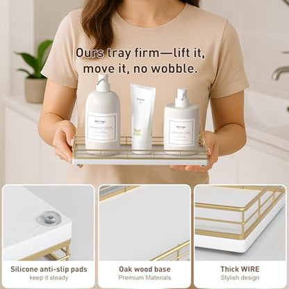 Bathroom Tray for Counter Top Organizer, Oak Wood Vanity Tray | Metal Frame for Dresser, Kitchen & Nightstand, Gold & White Decorative Storage