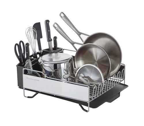KitchenAid Large Capacity Full Size Rust Resistant Dish Rack with Angled Drain Board and Removable Flatware Caddy, Light Grey