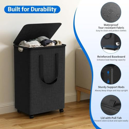 Laundry Basket with 5 Wheels, Rolling Laundry Hamper, 75L, Deep Gray | Clothes Hamper with Wheels and Lid, Collapsible for Bathroom, Bedroom, Dorm & Laundry Room with Multiple Carry Handles.