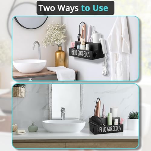 Hair Tool Organizer, Wooden Hair Dryer Holder Countertop, Wall Mount Hot Tools Organizer for Hair Styling Accessories, Bathroom Supplies Vanity Caddy for Curling Wand, Blow Dryer, Black
