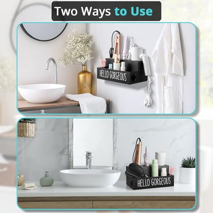 Hair Tool Organizer, Wooden Hair Dryer Holder Countertop, Wall Mount Hot Tools Organizer for Hair Styling Accessories, Bathroom Supplies Vanity Caddy for Curling Wand, Blow Dryer, Black