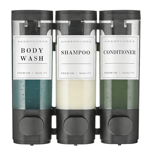 Shower Soap Dispenser Wall Mounted No Drill Shampoo Dispenser for Shower Wall Shampoo and Conditioner Dispenser Bathroom Hotel 3 * 300ml Black with Labels