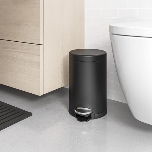 simplehuman Round Step Can, 4.5L / 1.2 Gallon Compact Bathroom Trash Can, 150,000-Step Pedal, Lid Shox® Silent Close, Removable Inner Bucket, Matte Black Steel