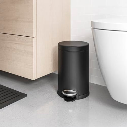 simplehuman Round Step Can, 4.5L / 1.2 Gallon Compact Bathroom Trash Can, 150,000-Step Pedal, Lid Shox® Silent Close, Removable Inner Bucket, Matte Black Steel