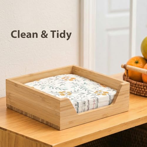 Bamboo Napkin Holder, 7.36" x 7.36" x 2.16" Napkin Holder | Napkin Dispenser with Large Side Opening for Easy Access, Large Storage Square Napkin Dispenser, Home Kitchen Tabletop Decor