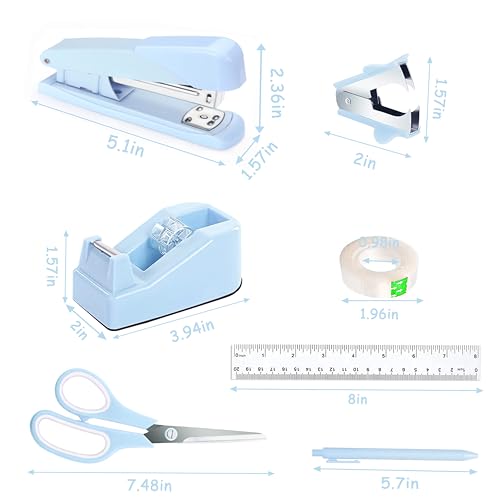 Blue Desk Accessories, Blue Office Supplies Accessories with Tape Dispenser, Stapler, Staple Remover, 1000 Staples, Tape, Clips Set, Ruler, Scissor, Pen