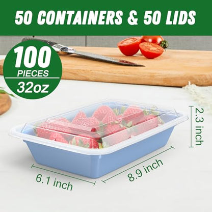 50 Pack (100-Piece) 32 oz Meal Prep Containers with Easy Open Lids, Blue | Sturdy Leakproof & Food Safe, Microwave, Freezer, Dishwasher Safe Prep Containers, To Go Take Out Plastic Food Storage