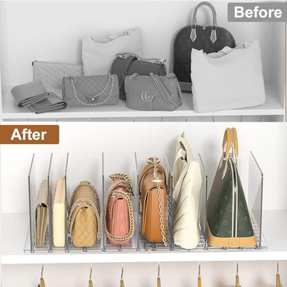 GoMaihe Purse Organizer for Closet: Adjustable Clear Handbag Storage Shelf | Plastic Clutch Dividers | Minimal | Keep Purses upright