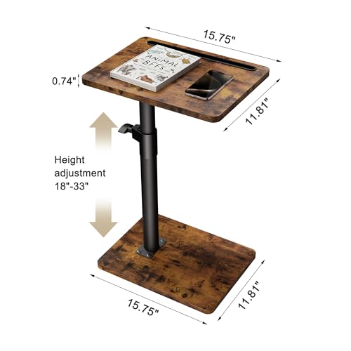 Sofa Armrest Tray Table for Couch - 360° Swivel Height Adjustable End for Small Spaces, Snack Side Table for Bed or Chair with Phone & Tablet Slot (Rustic,Standard)
