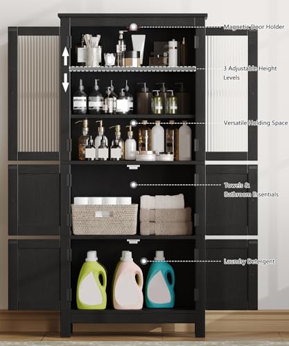 53.1" Tall Bathroom Cabinet 6 Doors Linen Floor Storage Cabinet | Bathroom Floor Cabinet with Adjustable Shelf, Pantry Cabinet for Living Room, Kitchen, Entryway, Black