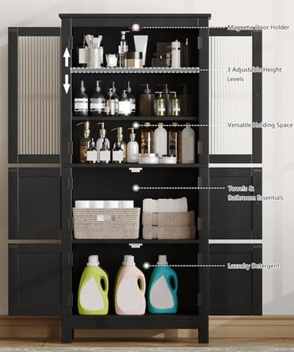 53.1" Tall Bathroom Cabinet 6 Doors Linen Floor Storage Cabinet | Bathroom Floor Cabinet with Adjustable Shelf, Pantry Cabinet for Living Room, Kitchen, Entryway, Black