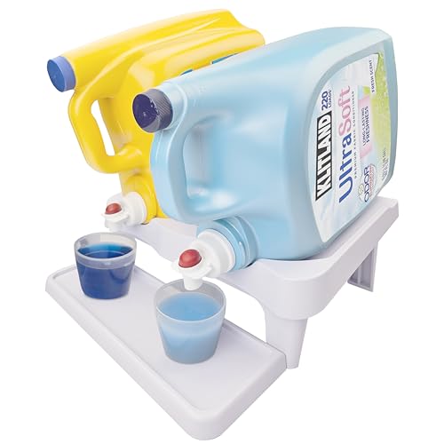 Skywin Laundry Detergent Holder Shelf for Laundry Room - 1 Pack - White | Holds 2 Bottles, Easy Pouring, Rubber Feet, Angled Stand, Fabric Softener Dispenser for Laundry Room Organization & Storage