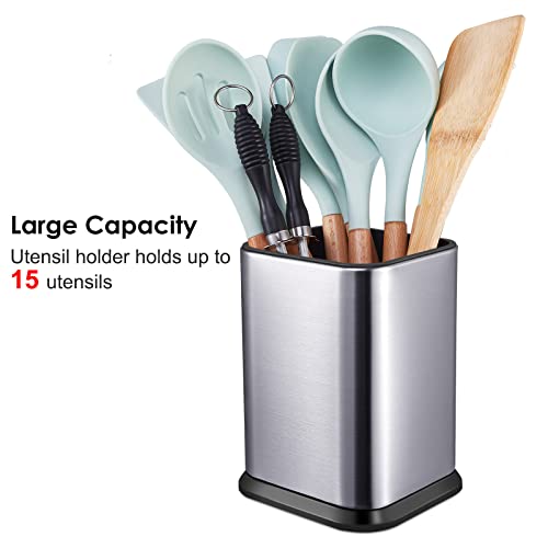 Stainless Steel Kitchen Utensil Holder for Countertop, Spoon Spatula Organizer,Modern Rectangular Large Cooking Utensil Caddy Counter,Utensil Crock Silver