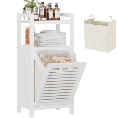 Tilt Out Laundry Hamper, 10 Gal Bamboo Laundry Storage Cabinet with Removable Basket, Hidden Hamper Organizer with Shelf for Dirty Clothes, Bathroom, Laundry Room, Space Saving, White