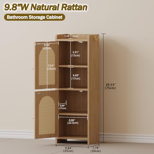 Arbuxzuy Rattan Bathroom Storage Cabinet with 2 Doors and Adjustable Shelf | Oak Corner Floor Cabinet, Narrow Toilet Paper Cabinets with 2Hooks, Toilet Organizer for Small Spaces, 7.87"D*9.84"W*29.72"H