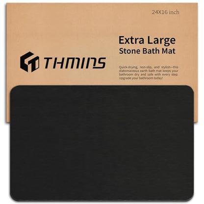 THMINS Black Stone Bath Mat, 24''x16'' Stone Shower Mat | Diatomite Stone Bath Mat, Super Absorbent, Quick-Drying, Non-Slip, and Easy to Clean for Bathroom