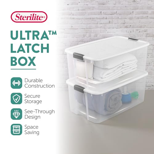 Sterilite 4-Pack Ultra Latching Box, Storage Bins with Lids, Clear Plastic, 116 Quart - Heavy-Duty Organizing Containers for Closet, Bathroom, and Office