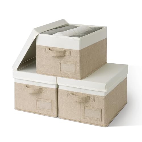 Storage Basket with Lid, Linen Fabric Storage Bins... (White&Khaki | Imitation Linen)