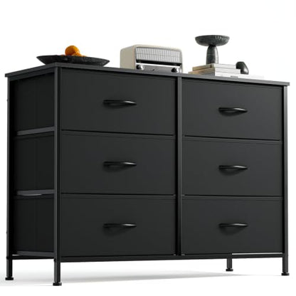 DUMOS 6 Drawer Dresser for Bedroom, Wide Storage Chest of Drawers Cabinet | Fabric Storage Organizer with Wooden Top, Wide Dresser Cabinet for Closet, Bedroom, Black