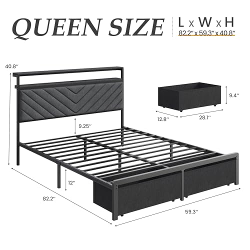 Queen Bed Frame with 2 Drawers, Upholstered Headboard with Storage and Charging Station, LED Lights, Fabric Drawers with Wheels, Under Bed Storage, No Box Spring Needed, Easy Assembly, Grey