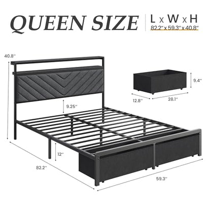 Queen Bed Frame with 2 Drawers, Upholstered Headboard with Storage and Charging Station, LED Lights, Fabric Drawers with Wheels, Under Bed Storage, No Box Spring Needed, Easy Assembly, Grey
