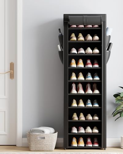 Kitsure 10-Tier Shoe Rack with Cover, Vertical Shelf, 17.5" Wide, Black | Space Saving Shoe Storage with Side Pocket, Shoe Organizer for Closet, Entryway, Bedroom, Zapateras Organizer