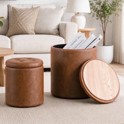 Leather Storage Ottoman Round, Foot Stool with Sto... (Brown)