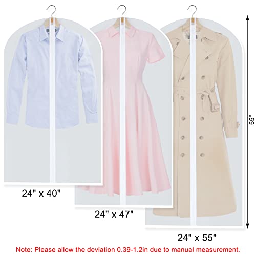 Clear Garment Bags for Hanging Clothes, Set of 12 Suit Bags Dust-Resistant Clothes Cover Bags PEVA Breathable Clothes Protectors with Full Zipper for Closet Storage, 24” x 40”/47”/55”