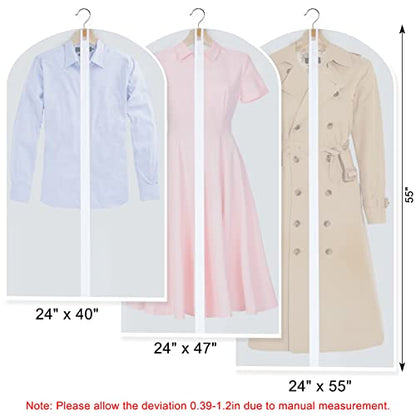 Clear Garment Bags for Hanging Clothes, Set of 12 Suit Bags Dust-Resistant Clothes Cover Bags PEVA Breathable Clothes Protectors with Full Zipper for Closet Storage, 24” x 40”/47”/55”