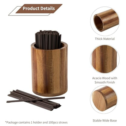 Acacia Wood Coffee Straw Holder Set with 100 Disposable Straws, Wooden Bar Accessories for Milk Cocktail Tea Drinks Stirrer Stir Sticks, Organizer for Station Countertop