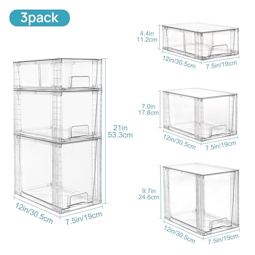 3 Pack Clear Stackable Storage Drawers,Easy to Ass... (Transparent | Acrylic)