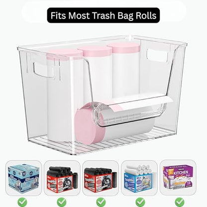 2 Set Pantry organizers and Storage,Trash Bag Holder Under sink Organizer for 4-13 Gal Bags,Trash Bag Dispenser with Bamboo Lids and Stackable Clear Bins for Potato, Onion, Garlic, Fruit, Vegetables