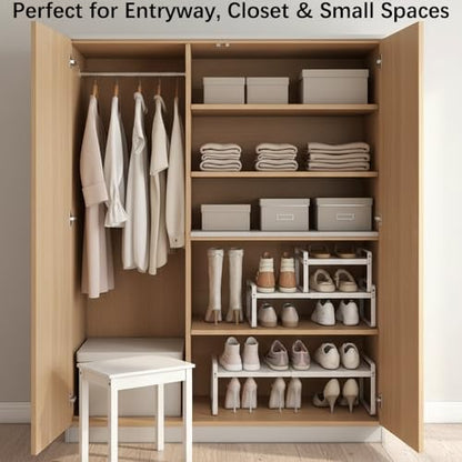 2-Pack Expandable Shoe Rack, Closet Organizer, 7" High, 15"-24" | Set of 2 1-Tier Metal Shelves; Adjustable Width Design; Compact Heavy-Duty Storage for Entryway, Bedroom & Small Spaces