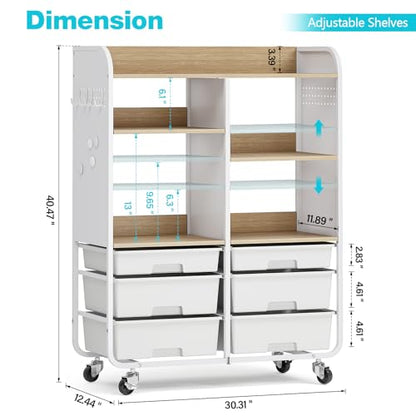 6 Drawers Rolling Storage Cabinet with Wood Top& Pegboards White | Utility Craft Cart with Adjustable Shelves & Lockable Wheels for Classroom, Home Office & Art Studio, Household Organization