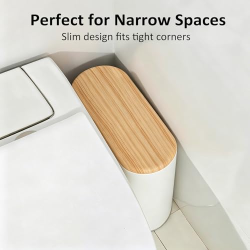 Small Bathroom Trash Can with Lid 2.6 Gallon, Slim Plastic White | Wastebasket, Odor & Pet Proof, Inner Bucket & Faux Wood Grain Top, For Kitchen, Bedroom, Living Room, Office, RV