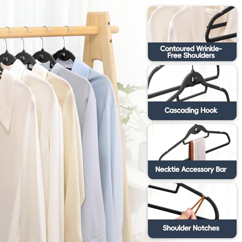 Velvet Stackable Hangers 50 Pack Space Saving Cascading Hook Black | Ultra Thin, Non Slip Felt, Heavy Duty With 360° Swivel Hook, Shoulder Notches, for Suit Shirt Pant Dress Coat