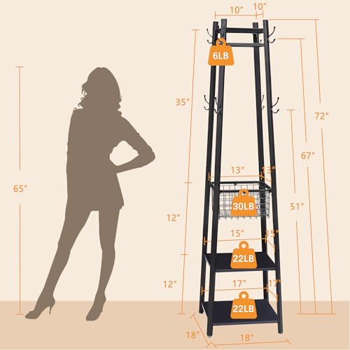VECELO Coat Rack Freestanding,Hall Tree with Metal Basket and Storage Shelves,Industrial Coat Rack Stand with 8 Hooks for Hanging Coats/Hats/Bags/Umbrellas,18 x 18 x 72 In,Matte Black