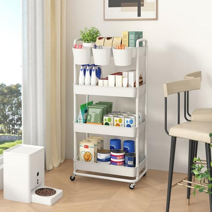 4-Tier Plastic Rolling Storage Cart Utility Cart White | Utility Cart with Extra Hanging Cups Arc-Shaped Handles Lockable Wheels for Living Room Bathroom Kitchen Office
