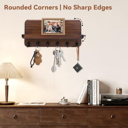 Key Holder for Wall, Mail Organizer Wall Mount with 6 Hooks Wooden Hanging Key Rack for Home Decor, Hallway, Entryway (Brown)