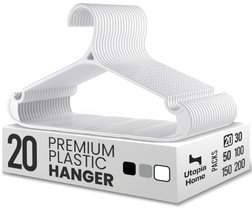 Utopia Home Plastic Hangers 20 Pack – Non-Slip with Pants Bar White | Heavy duty | Non-slip shoulder grooves & notches | Anti-slip pants bar for increased grip