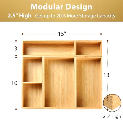 Drawer Organizer Storage Boxes, 2.5" High Bamboo Drawer Dividers, 5 Rearrangeable Bins for Kitchen, Office Desktop, Clothing, Makeup, vanity, Jewelry