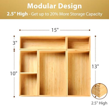 Drawer Organizer Storage Boxes, 2.5" High Bamboo Drawer Dividers, 5 Rearrangeable Bins for Kitchen, Office Desktop, Clothing, Makeup, vanity, Jewelry